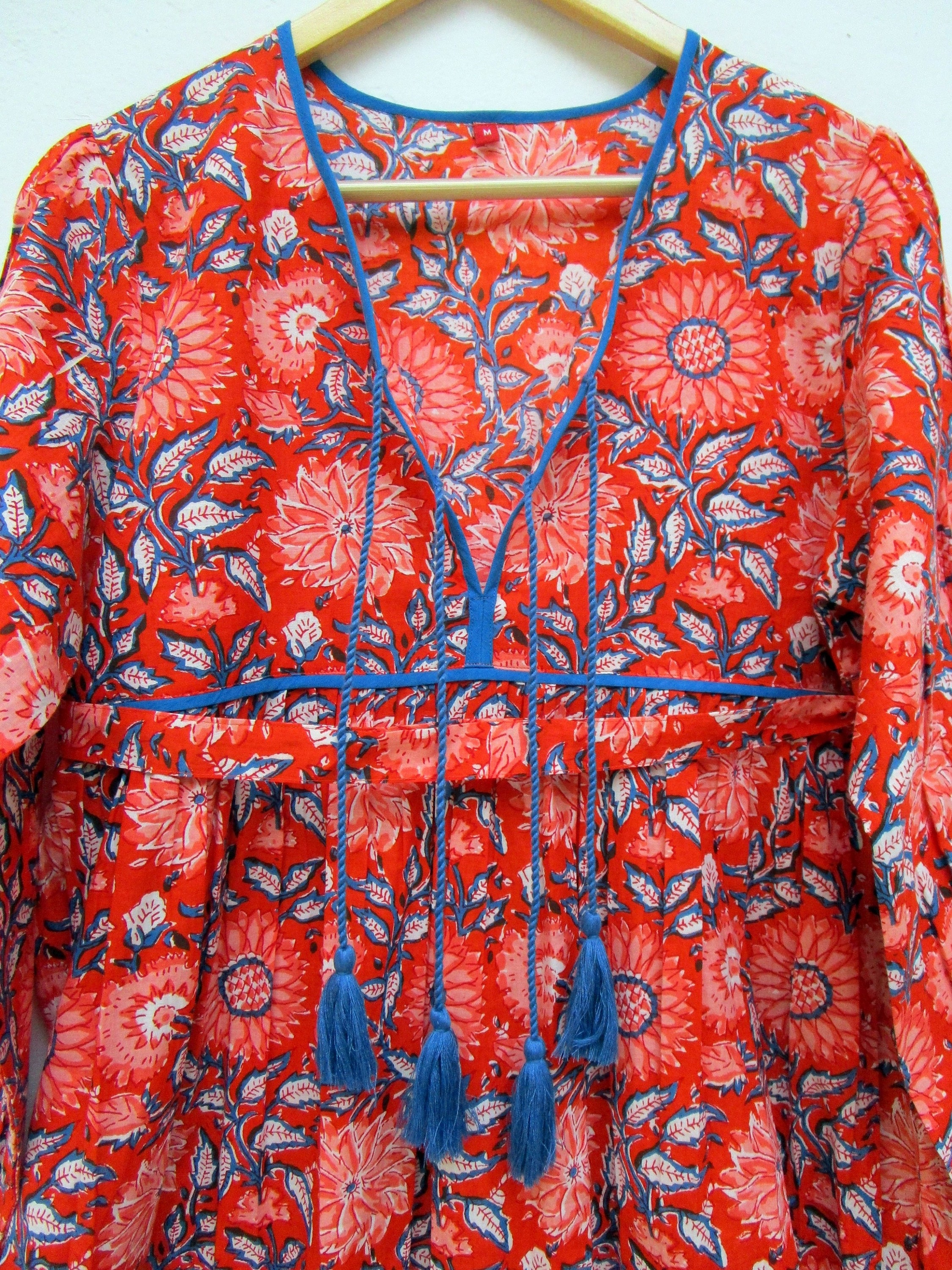 Stylish Cotton Navy Blue & Orange Floral Dress - Casual Long Sleeves  Decorative With Tassels Maxi - Boho Long Dress - Etsy
