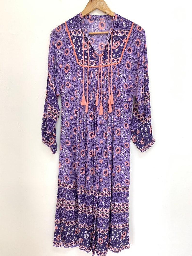 rayon purple pink flower hand printed vintage collar neck maxi dress women's girls long sleeve boho dress, plus size available, yoke dress image 2