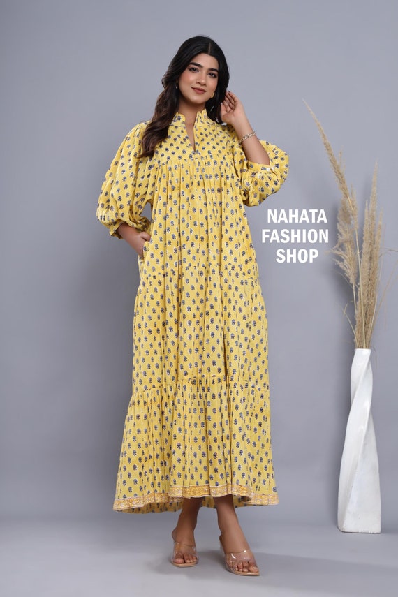 Stylish Yellow-blue Floral Pattern Printed Women's Maxi Dress - Frill Collar With Belt Cotton Long Dress - Etsy Stylish Yellow-blue Floral Pattern Printed Women's Maxi Dress - Frill Collar With Belt Cotton Long Dress - Etsy