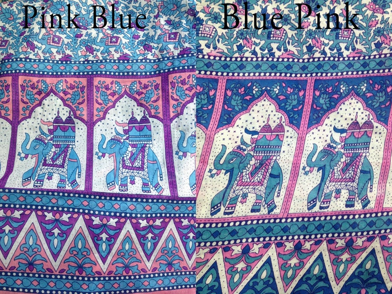 May include: A close-up of two fabric swatches with an Indian-inspired design featuring elephants, arches, and floral patterns. The swatches are labeled "Pink Blue" and "Blue Pink".