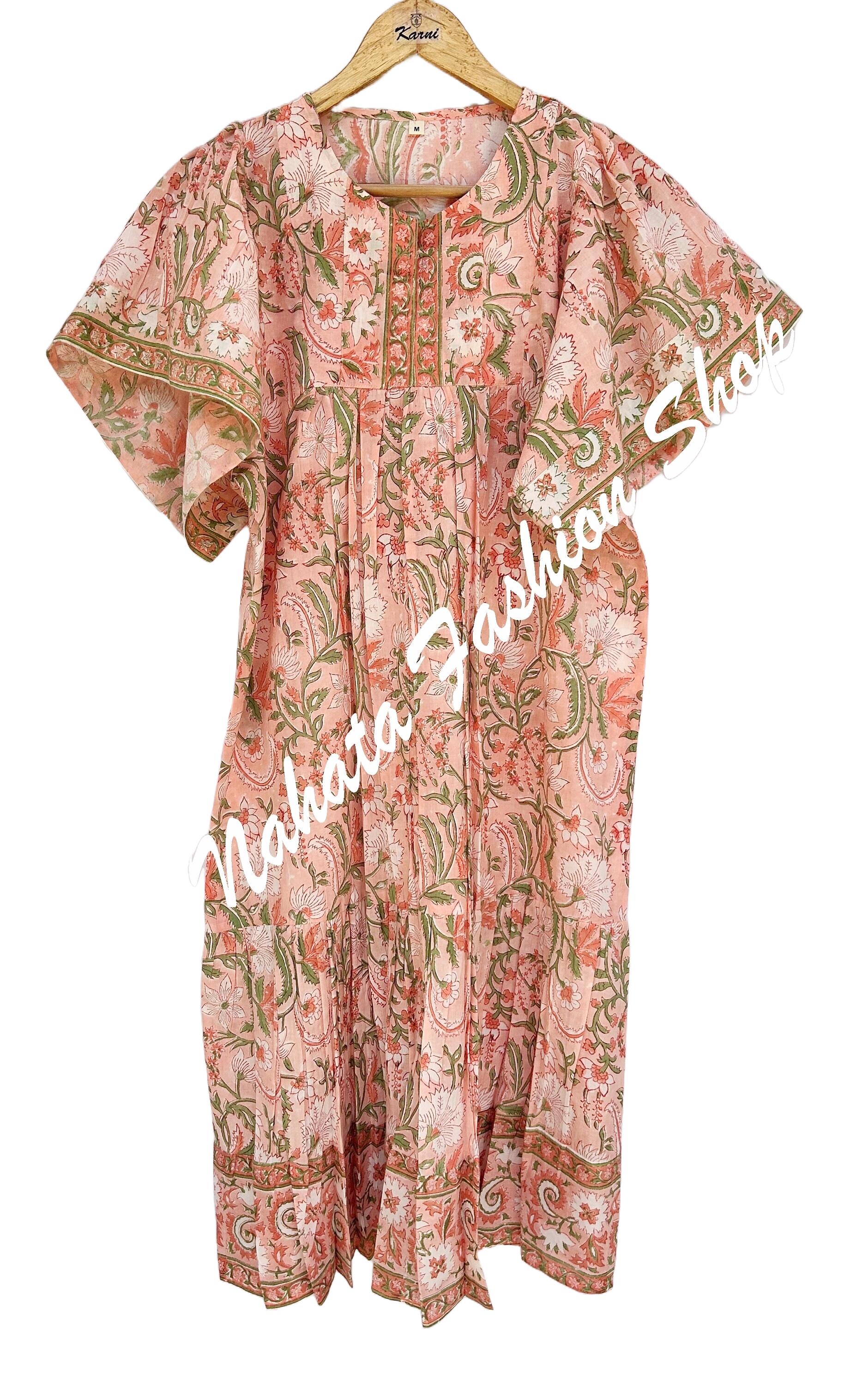 Floral Hand Block Print Cotton Mini Maxi Dress – Henley Neckline & Short Sleeves – Boho Indian Summer Dress