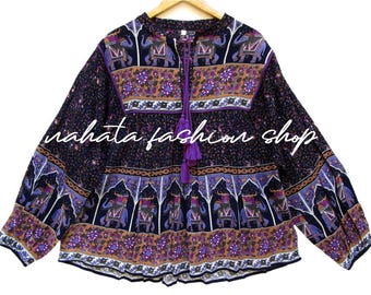 animal floral screen printed cotton women's blouses - long sleeve bohemian tops - round neckline with tassel tunics