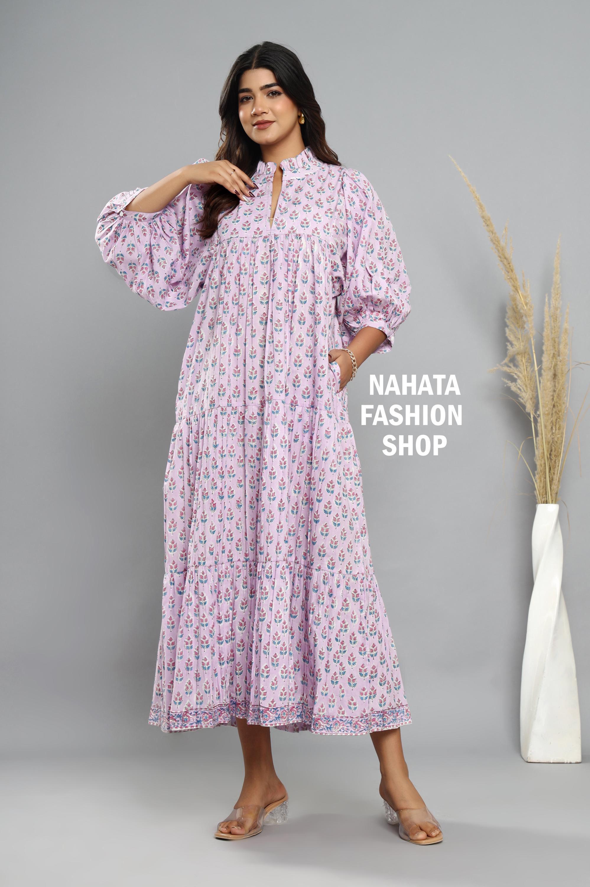 Purple Tulip Hand Block Printed Women's Cotton Maxi Dress - Frill