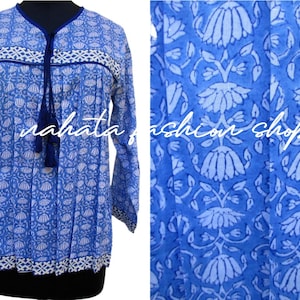 Boho Blue Block Print Tunic – Cotton Long Sleeve Top with Tassel Tie, Handmade Indian Kurti
