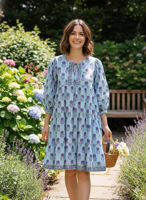 elegant winter dress Light Blue Purple Floral Hand Block Print Cotton Midi – Boho Dress Styles: Natural Boho Chic Aureia Elegant Romantic Fashion Size:48W Made with high
