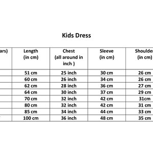 Puede incluir: Tabla de tallas para vestido de ni&ntilde;a con medidas en pulgadas y cent&iacute;metros. La tabla muestra tallas de 2Y a 10-12Y con las medidas correspondientes de largo, pecho, manga y hombro.
