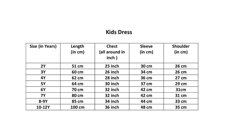 Puede incluir: Tabla de tallas para vestido de ni&ntilde;a con medidas en pulgadas y cent&iacute;metros. La tabla muestra tallas de 2Y a 10-12Y con las medidas correspondientes de largo, pecho, manga y hombro.