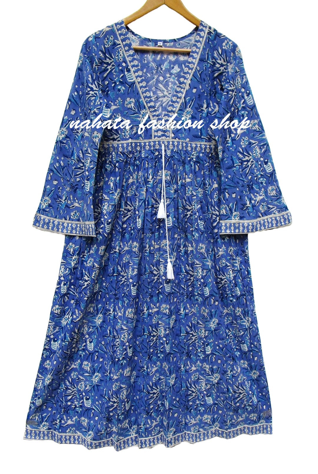 blue floral bell sleeve dress Winter Cotton Royal Hand Block Printed Maxi - Deep V Neckline With Drawstring Long Dress - Long Bohemian Maxi 24.0 Hips Misc_Sale Shoes and Clothes Black Color:Rose Floral