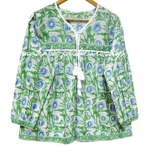 regular blossom floral printed cotton blouse - v neckline with tassel summer wear blouse - long sleeve bohemian style maxi blouse