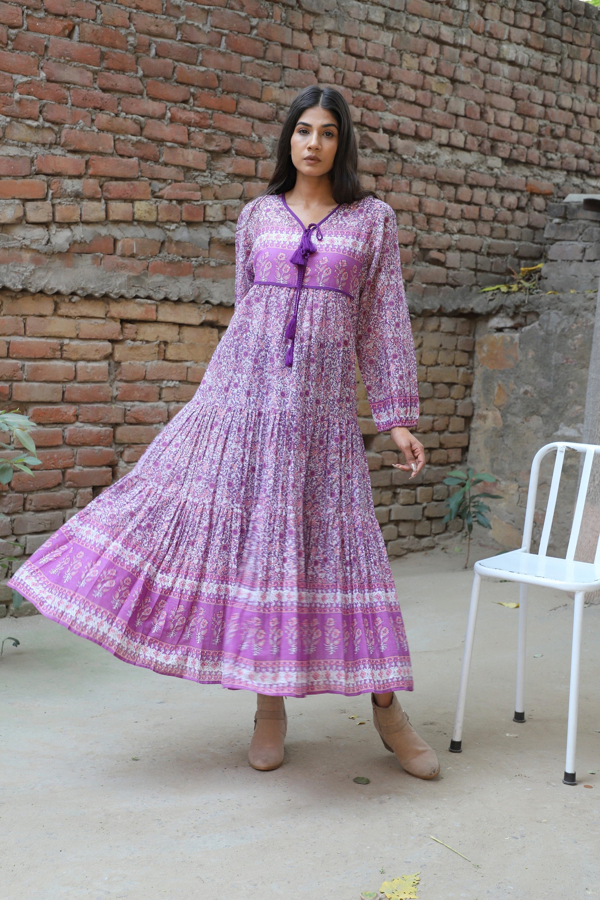 bohemian purple elegant flower bunches printed long maxi dress - v neckline with tassel summer look dress - long sleeve boho maxi