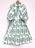 indian cotton green-white floral plant block printed women's maxi dress - frill collar with belt boho long dress product logo