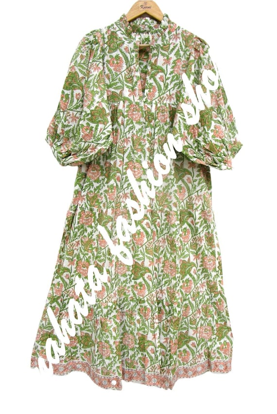 Sage Green Peach Floral Cotton Maxi Dress - White Block Print Boho Long Dress Sage Green Peach Floral Cotton Maxi Dress - White Block Print Boho Long Dress