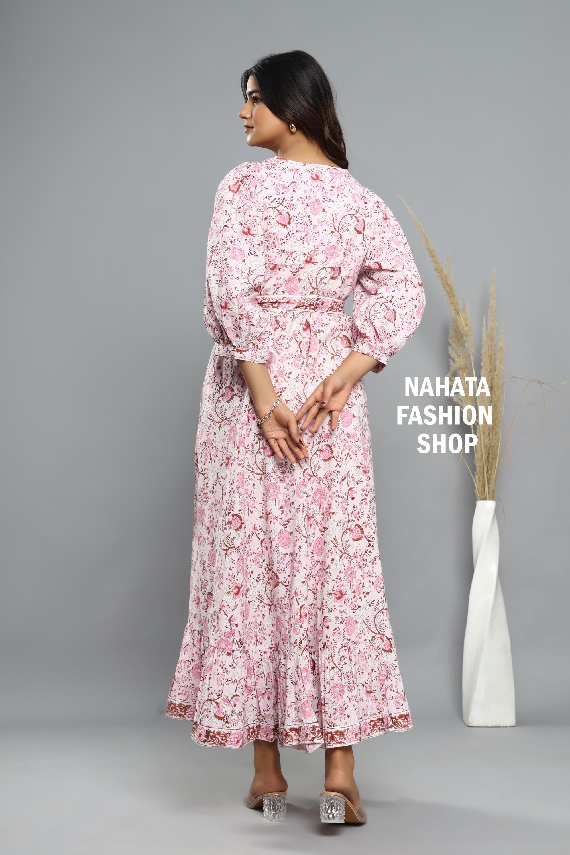 Cotton Pink Floral Hand Block Printed Women's Maxi Dress - Hanley Neck With  Belt Long Dress - Etsy UK