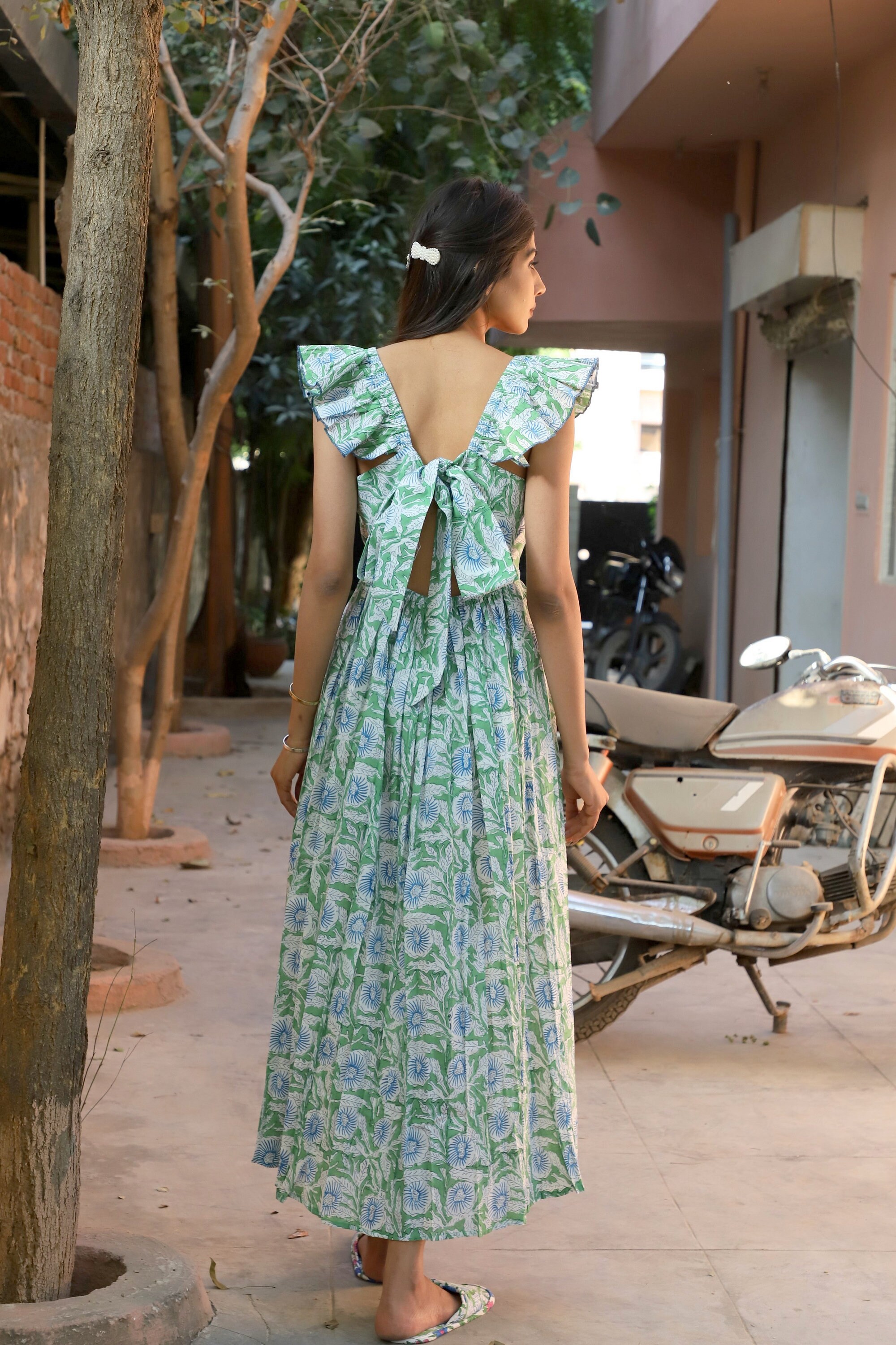 green block print dress Lillie caftan maxi dress green block print