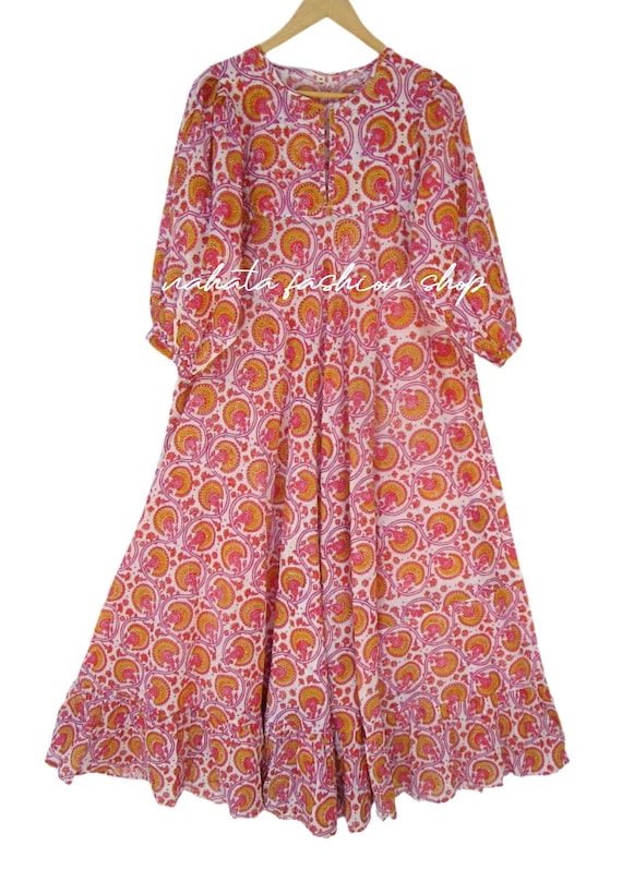 Cotton Geometrical Pattern Printed Casual Maxi Dress - Crew Neckline with Button Summer Maxi - 3/4th Sleeve Indian Dress