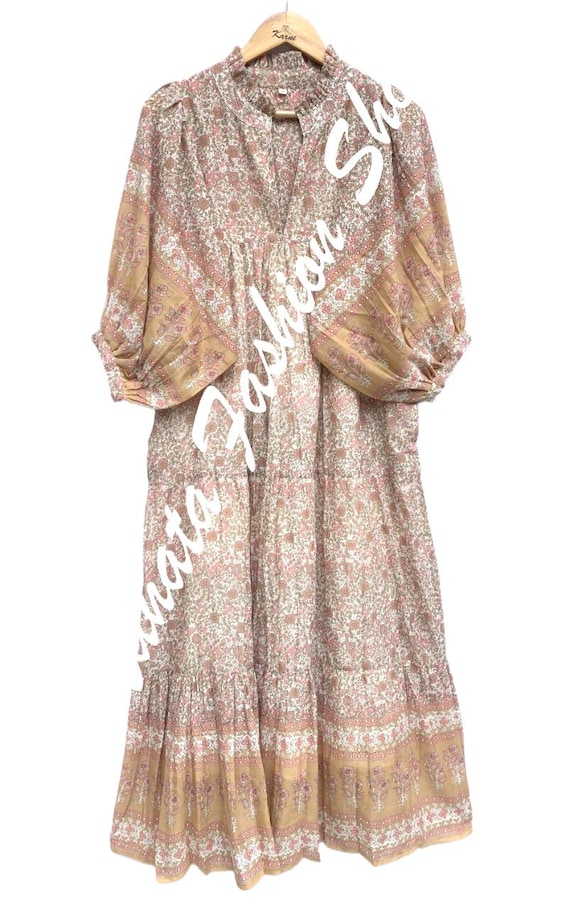 Bohemian Cotton Baby Pink Beige Screen Printed Floral Frill Neckline Maxi  Dress - 3/4th Sleeves With Lining Long Dress - Etsy