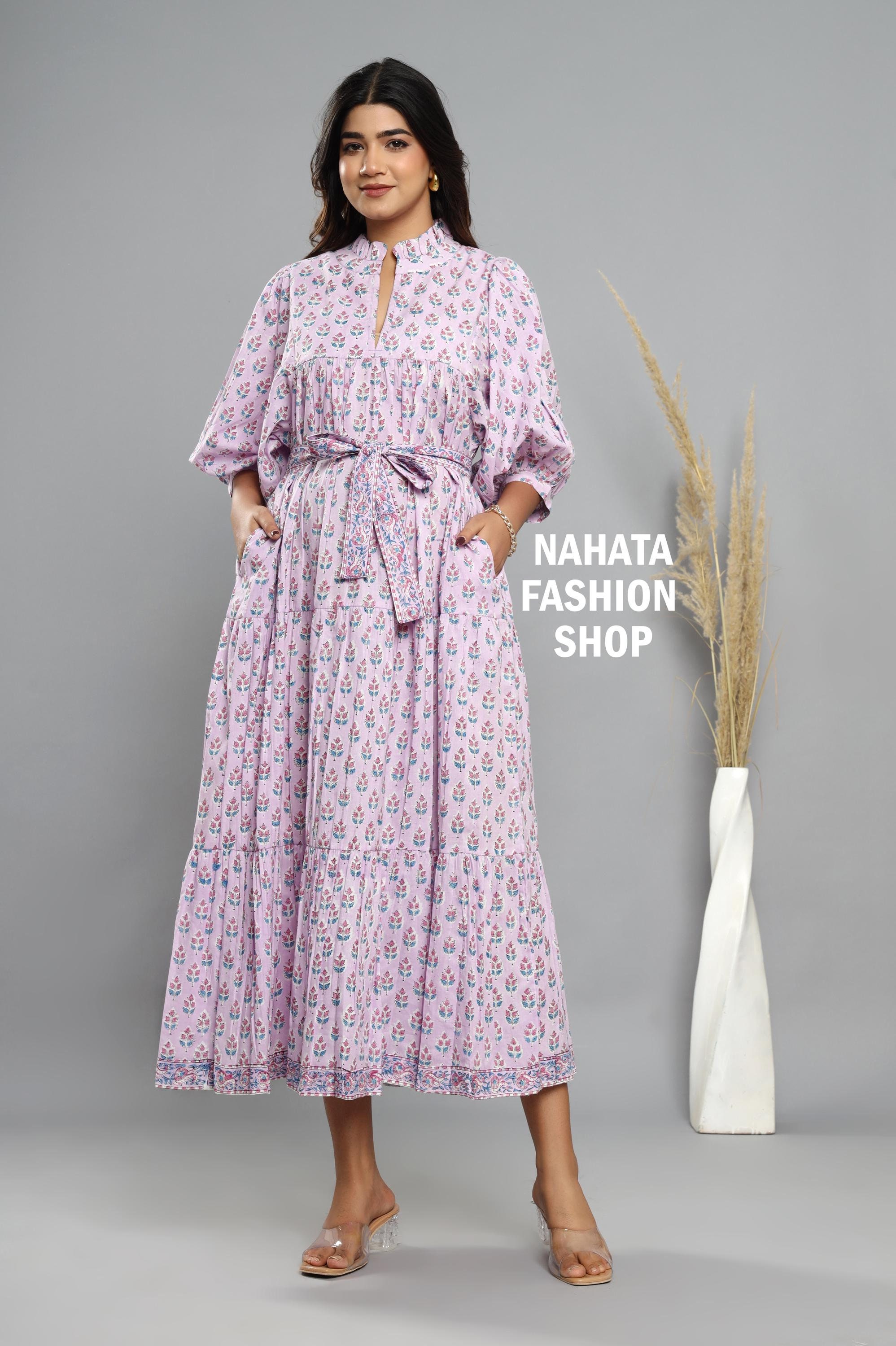 Purple Tulip Hand Block Printed Women's Cotton Maxi Dress - Frill