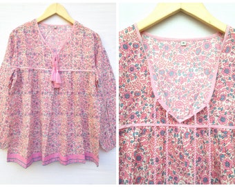 cotton pink flower print long sleeve V neck blouse, tunic, top / women's girls bohemian vintage peasant top