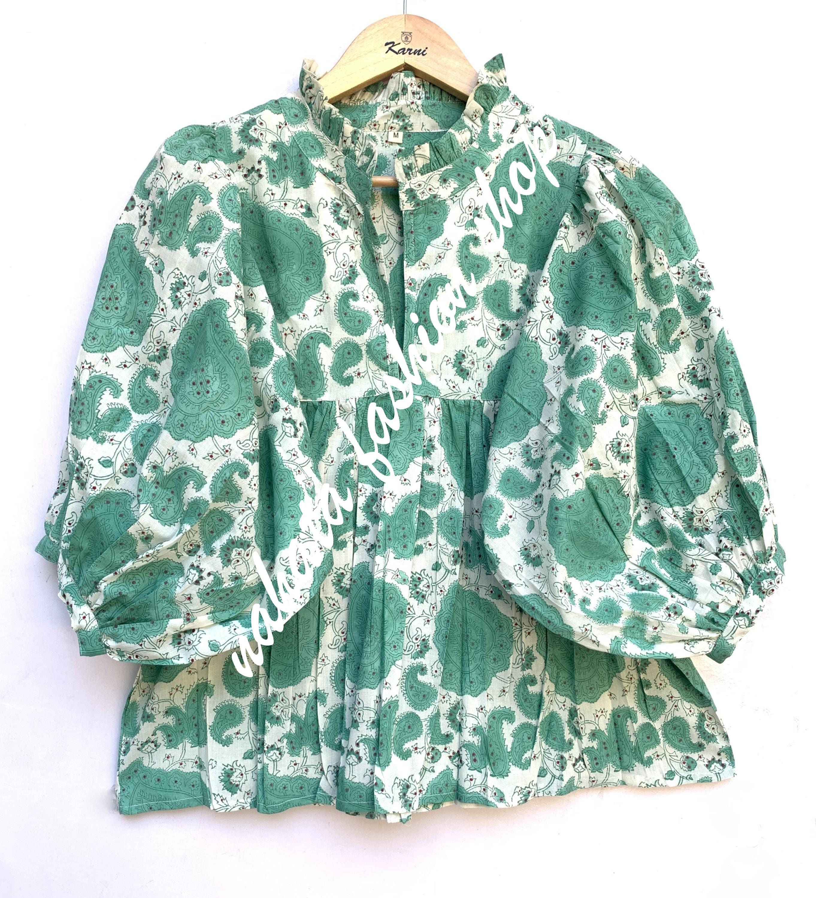 indian green floral hand block printed women's tops and blouse - cotton boho maxi tunics