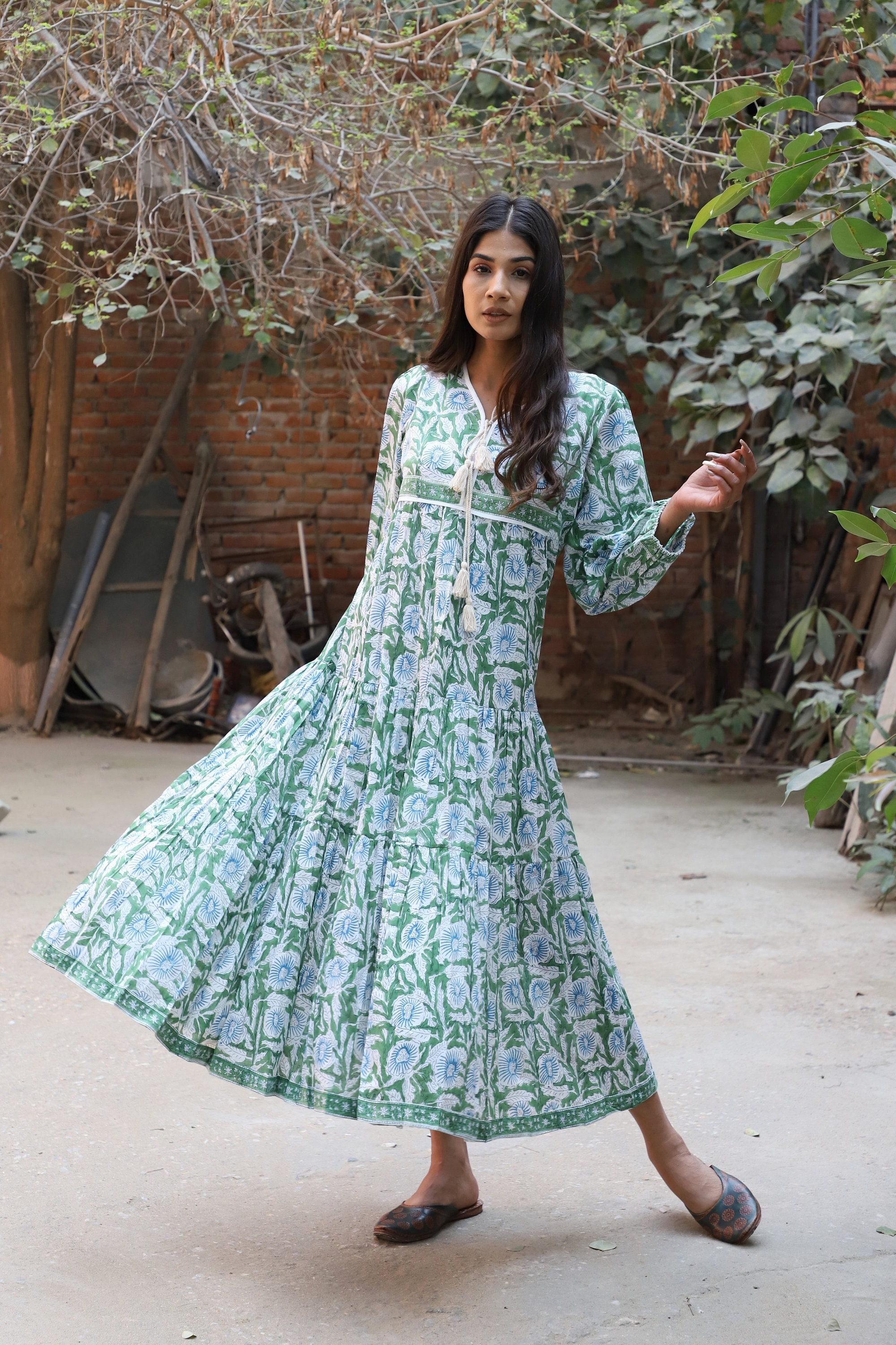 green blue floral printed summer wear maxi dress - v neckline with tassel Indian maxi dress - long sleeve casual look maxi dress