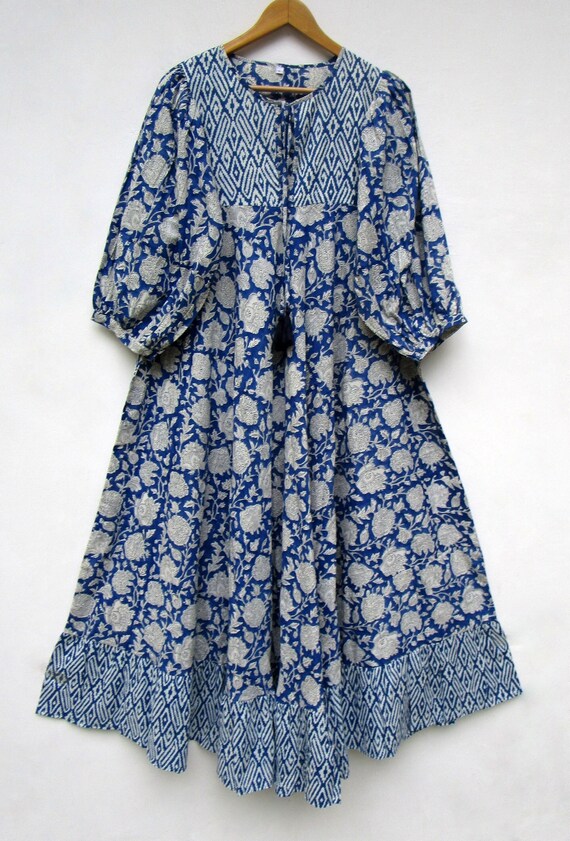 NahataFashionShop Indigo Blue Floral Printed Cotton Long Summer Maxi Dress - 3/4th Sleeve with Buttons Bohemian Maxi Dress - Henley Neckline with Cotton Ties