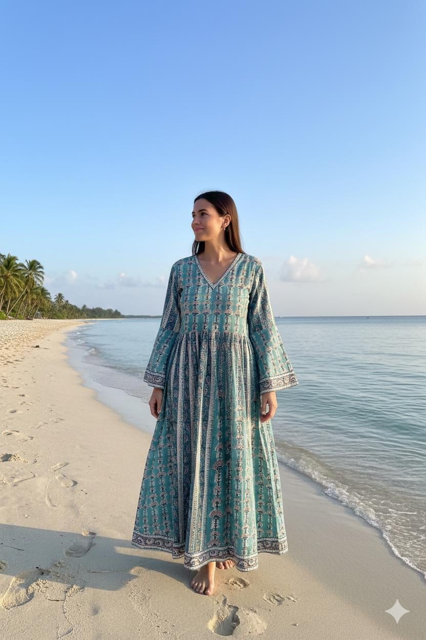 Teal Hand Block Printed Cotton Maxi Dress – Indian Artisan V Neck