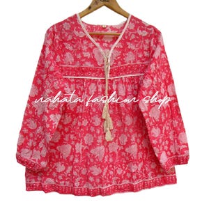 Bohemian Pink Floral Cotton Blouse with Tassels | Hand Block Printed Long Sleeve Top | Vintage Style Ethnic Shirt