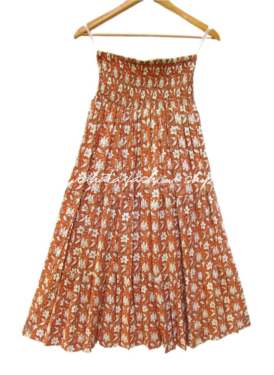 summer bronze floral printed cotton long maxi skirts - broomstick style summer wear skirts