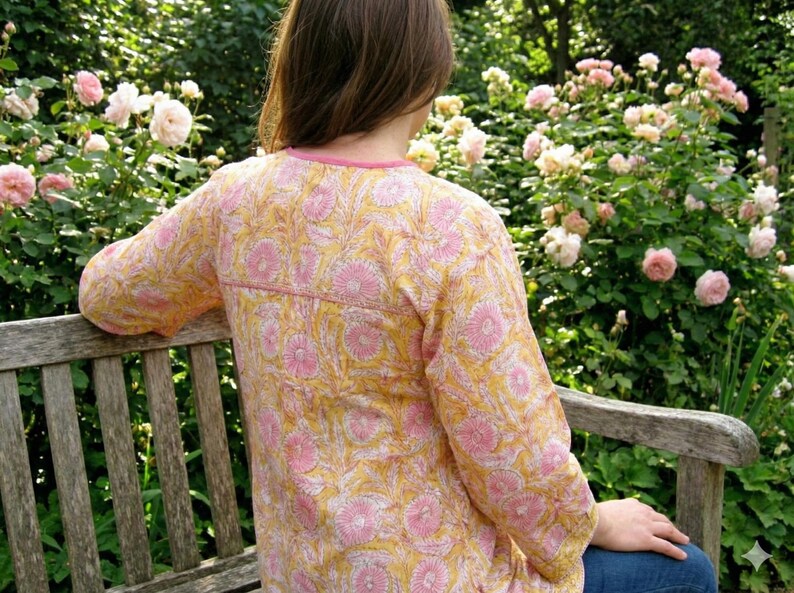 Yellow Pink Floral Cotton Tunic – Hand Block Print Boho Top with Tassels – Indian Loose Fit Blouse – Ethnic Summer tops image 4
