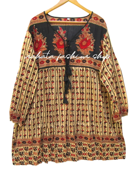 summer beige flower printed cotton voile mini maxi dress - v neckline with tassel mini maxi - long sleeve bohemian and hippie mini dress