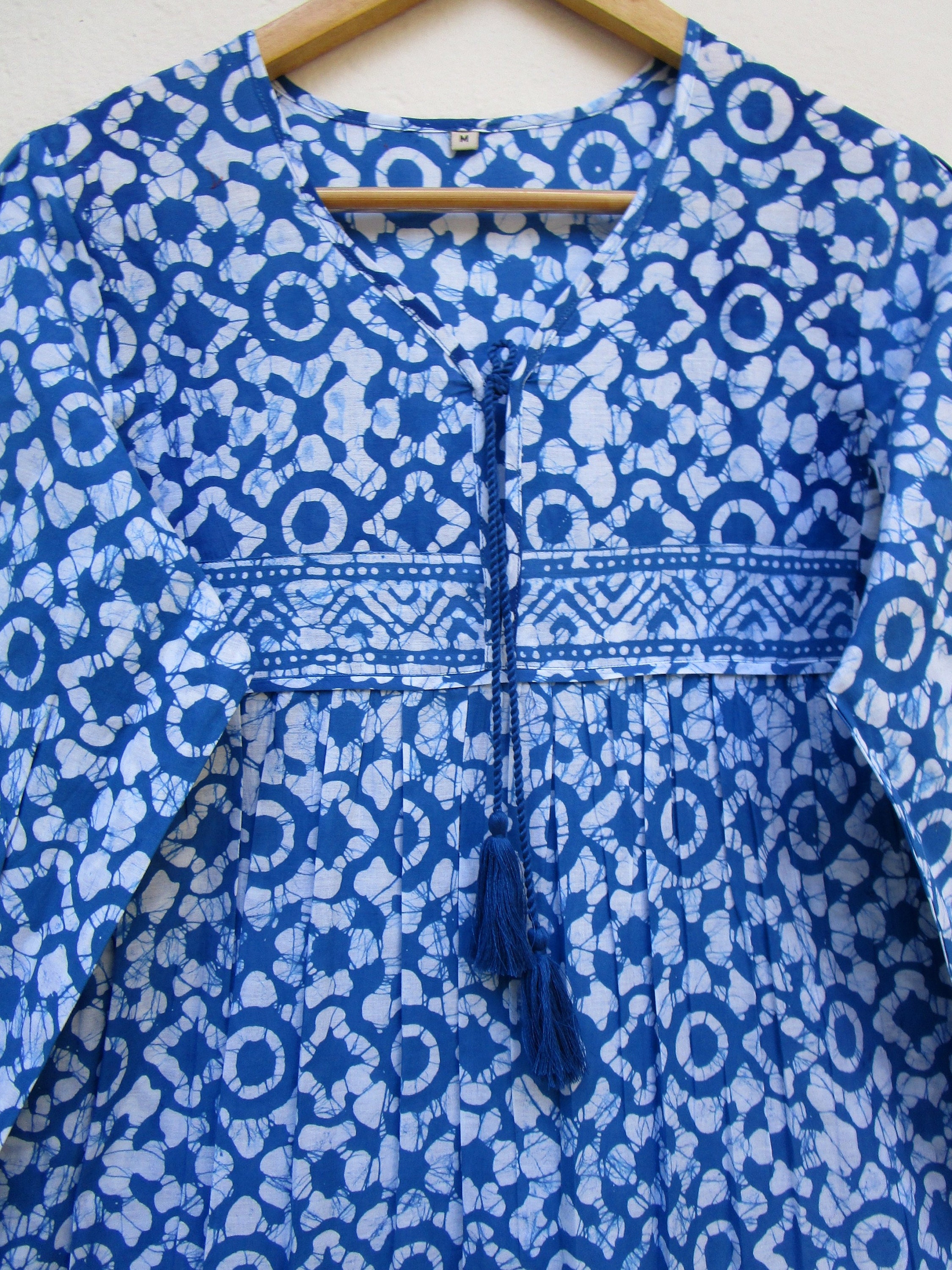 White & Blue Block Print Bohemian Maxi Dress Long Sleeve Maxi - Etsy UK