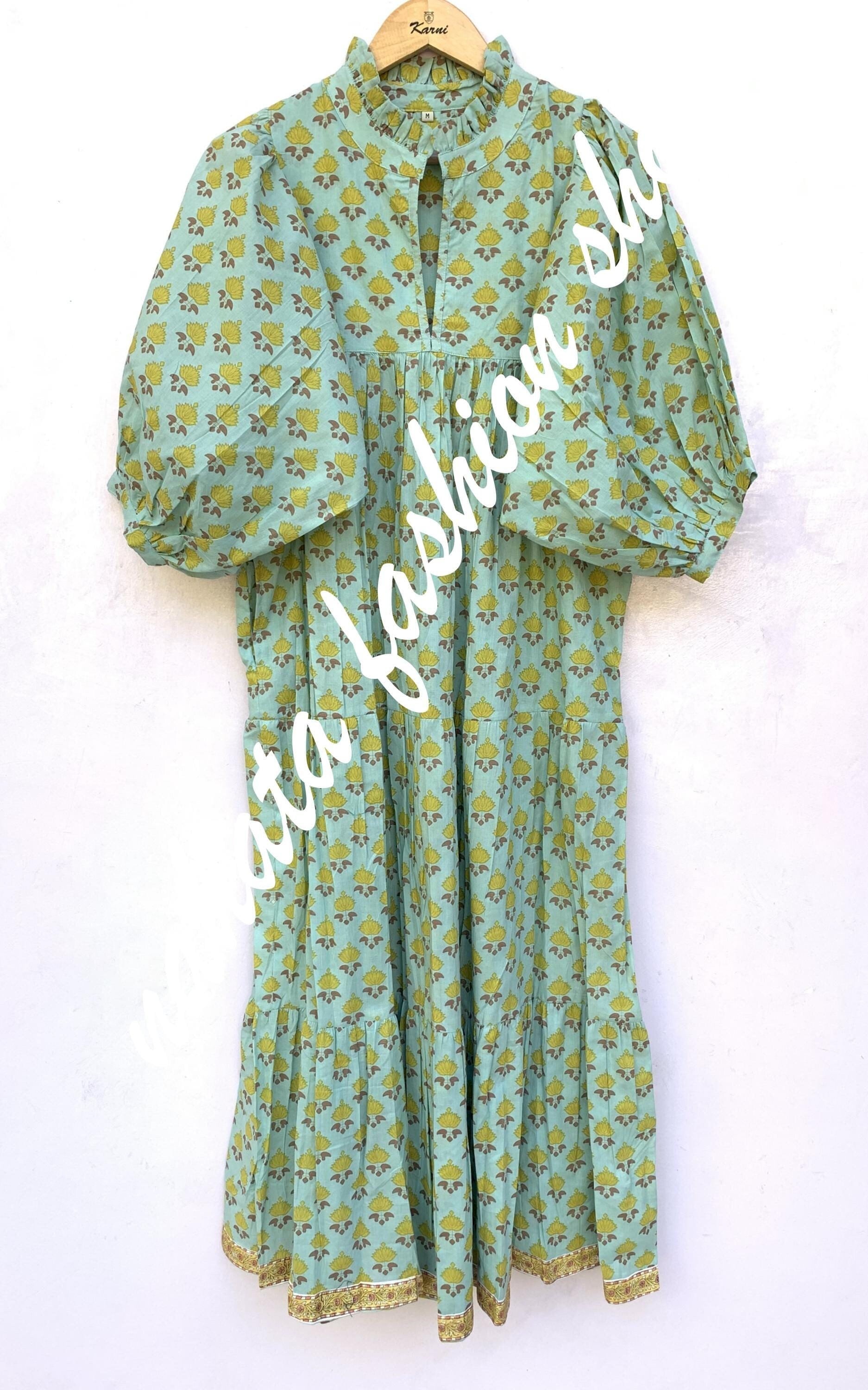 Green-Yellow Floral Hand Block Printed Cotton Maxi Dress - Frill Collar with Belt & 3/4th Sleeve Boho Style