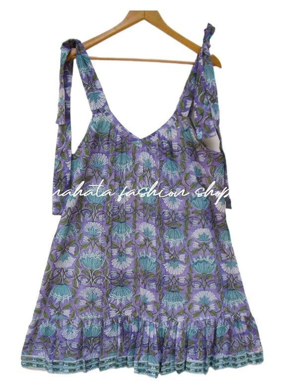 Summer Floral Block Printed Strap Mini Maxi Dress - V Neckline With Strap  Cotton Mini Maxi - Sleeve Less Bohemian Dress - Etsy