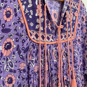 rayon purple pink flower hand printed vintage collar neck maxi dress women's girls long sleeve boho dress, plus size available, yoke dress image 4