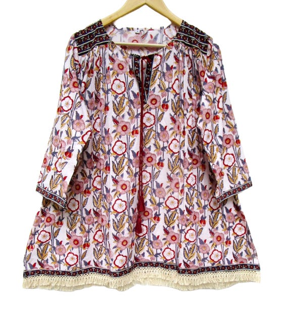 beach wear floral printed cotton mini maxi dress Henley neckline with  tassel mini maxi dress 3/4th sleeve with bottom lace mini dress