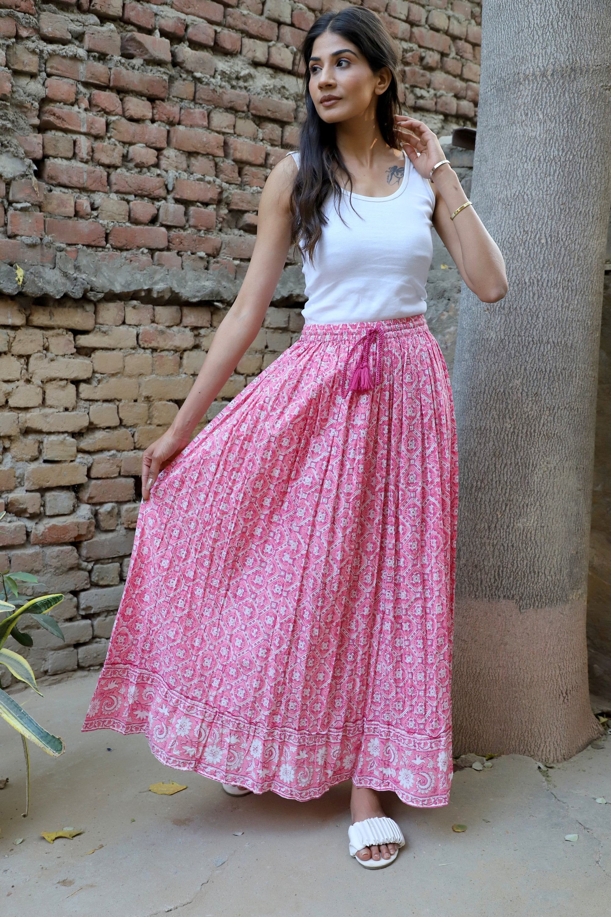 Cotton Broomstick Style Long Women Wear Skirts - Summer Block