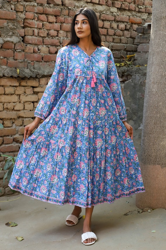 Cotton Blues Pink Floral Printed Indian Long Maxi Dress - V Neckline With  Tassel Maxi - Etsy
