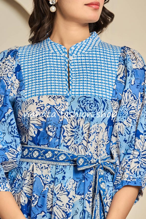 Blue Floral Cotton Maxi Dress - Gingham Yoke Boho Long Dress - 3/4 Sleeve Indian Block Print Dress - Summer Belted Midi Dress Blue Floral Cotton Maxi Dress - Gingham Yoke Boho Long Dress - 3/4 Sleeve Indian Block Print Dress - Summer Belted Midi Dress