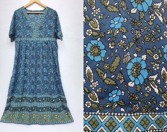 vintage 70's cotton printed blue long dress | v neck with half sleeve | plus size available | summer long dress  printed women's maxi dress
