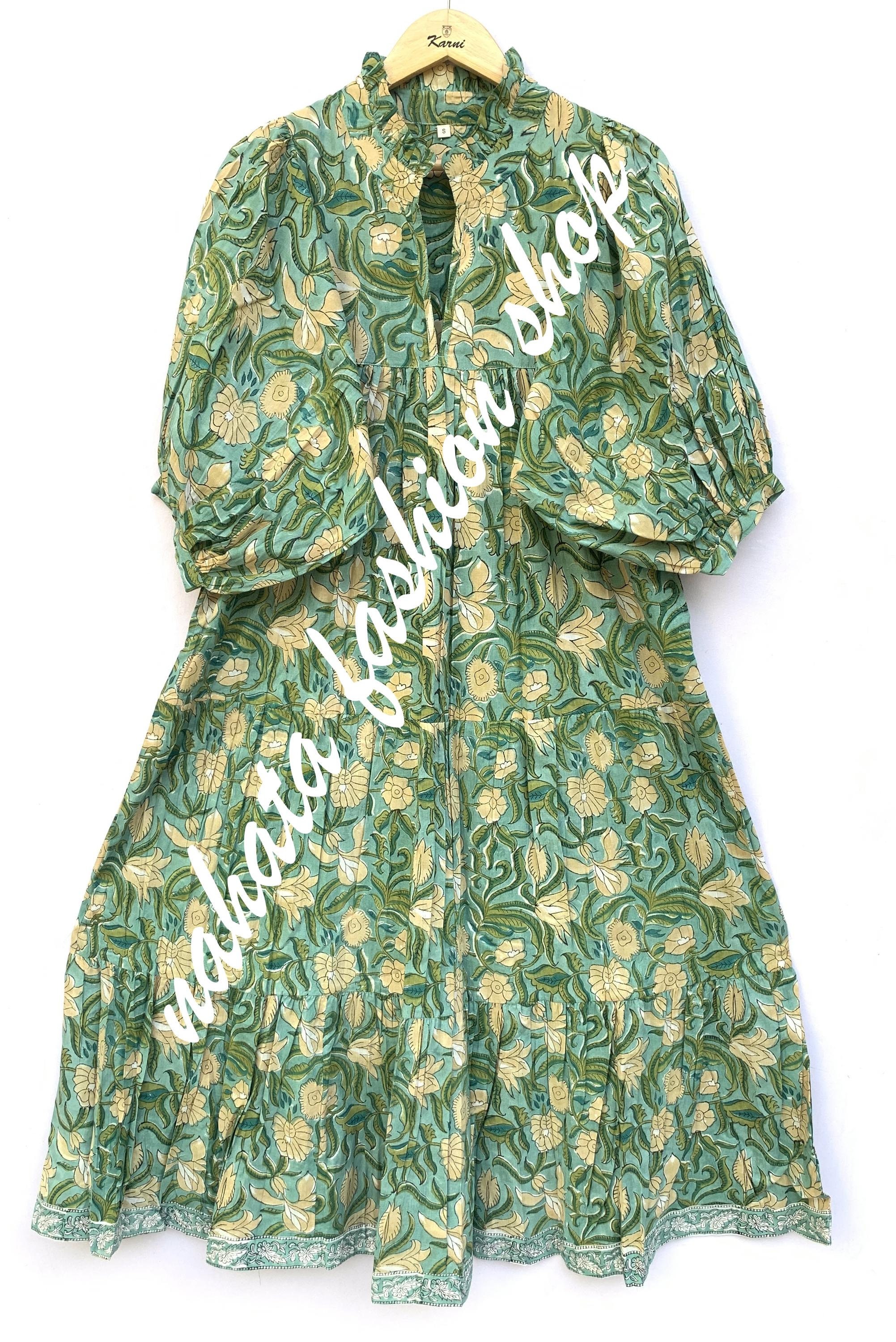 indian green-yellow floral printed women's maxi dress - frill collar with belt cotton long dress - 3/4th sleeve boho dress