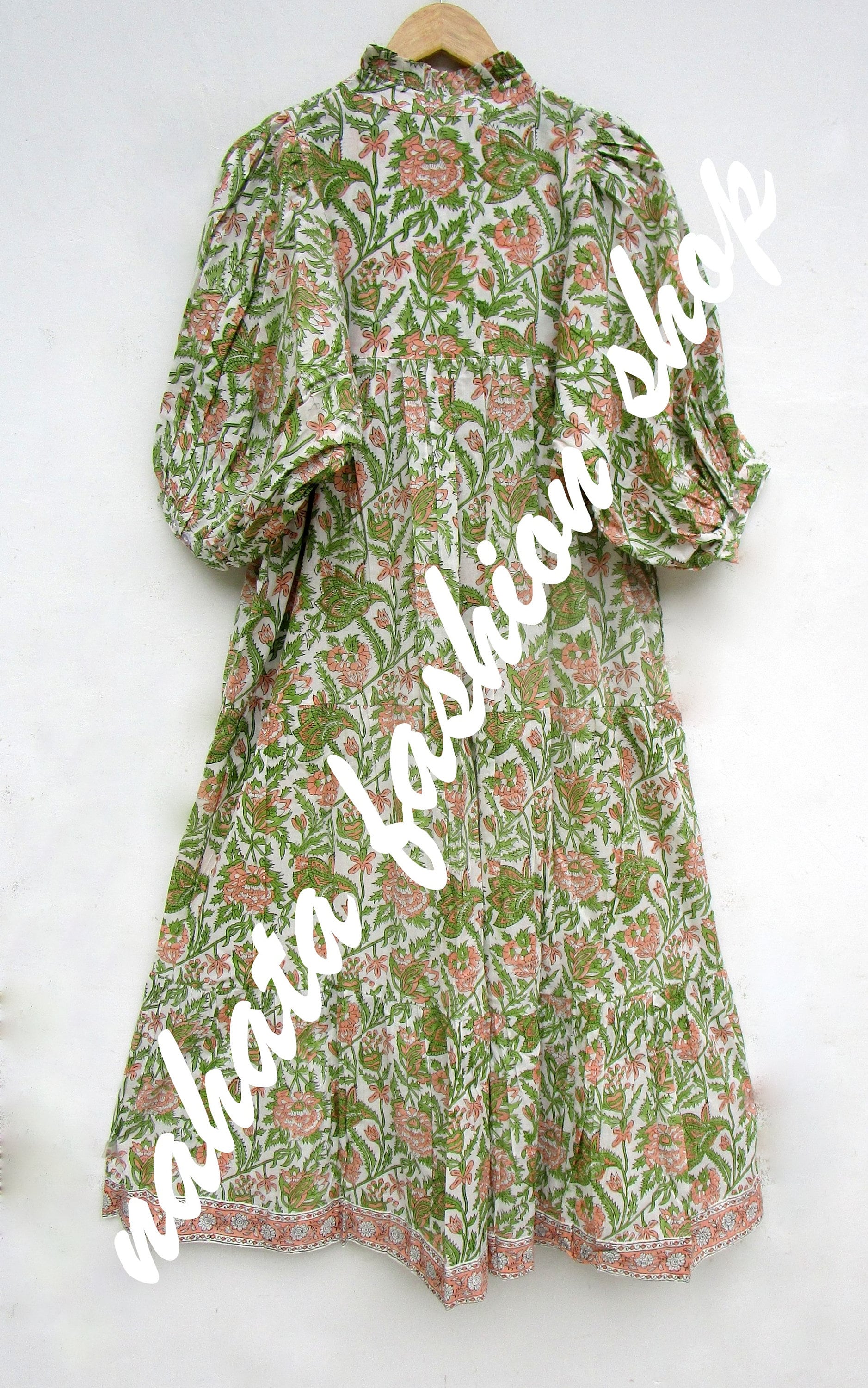 Sage Green Peach Floral Cotton Maxi Dress - White Block Print Boho Long Dress