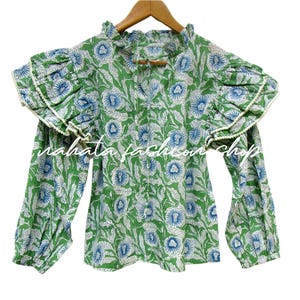Floral Print Green Boho Blouse - Puff Sleeve Cotton Blouse with Ruffle Collar - V Neck Button Blouse