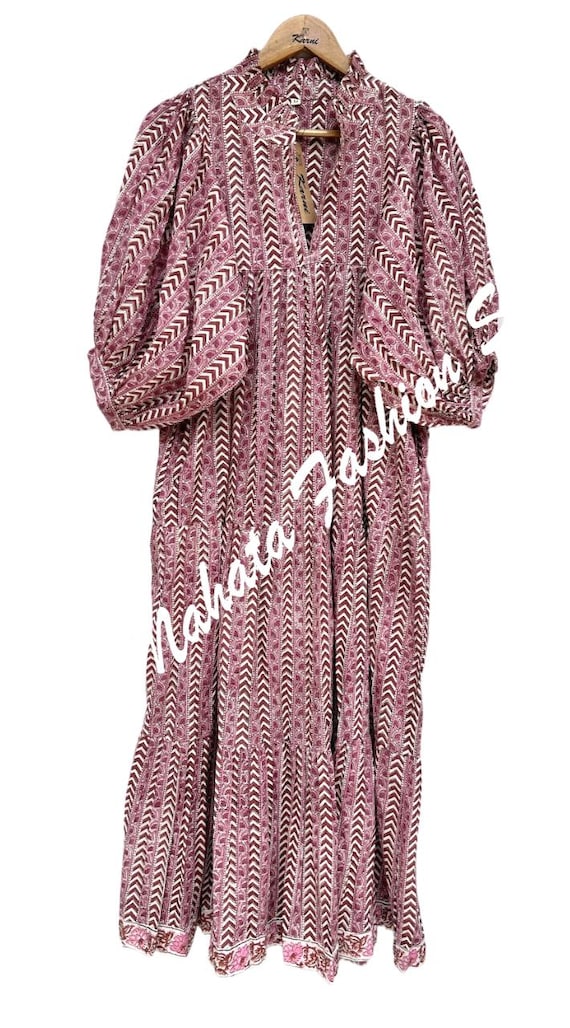 cotton pink brown floral strap printed women's maxi dress - V neckline summer long dress - 3-4th sleeves boho dress