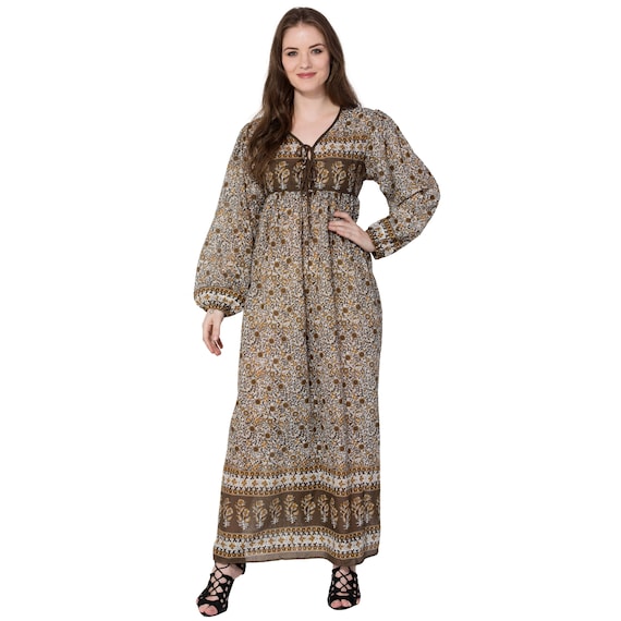 cotton coffee brown floral screen printed maxi dress - long sleeve bohemian maxi - V neck summer dress cotton coffee brown floral screen printed maxi dress - long sleeve bohemian maxi - V neck summer dress