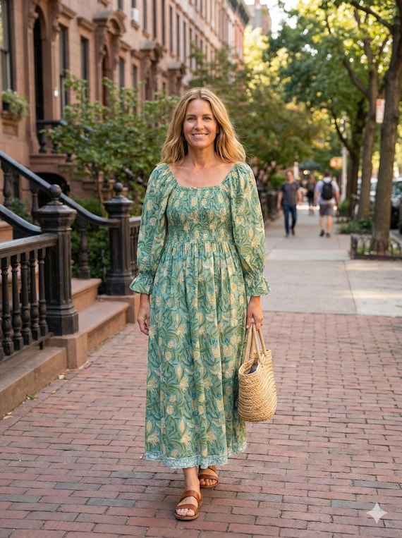 Sage Green Hand Block Printed Cotton Dress – Smocked Bodice Boho Midi Dress with Puff Sleeves