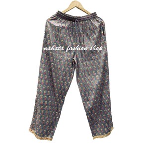 cotton grey & pink floral hand block printed women's trousers