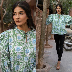 picnic wear flowery look Indian hippie tops - long sleeve with lace Indian tops - Henley neckline with cotton ties blouse tops