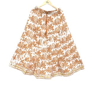 orange yellow leaf block printed cotton long skirt - with tassels summer bohemian maxi skirt