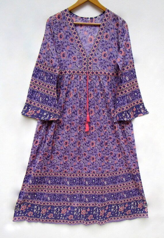 NahataFashionShop Cotton Purple Pink Floral Hand Printed Long Maxi Dress - Deep V Neckline with Drawstring Maxi Dress - Long Bell Sleeve Boho Maxi Dress