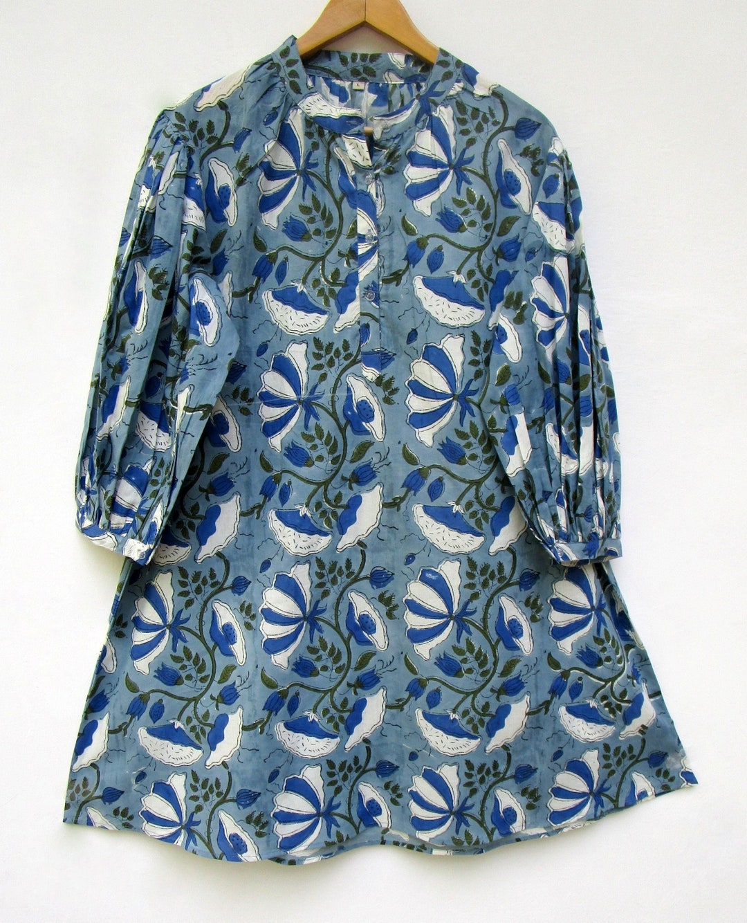 Blue Flower Printed Cotton Bohemian Style Mini Maxi Dress - Etsy
